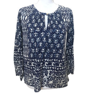 Lucky Brand Blue & White Keyhole Boho Blouse 3/4 Sleeve Small